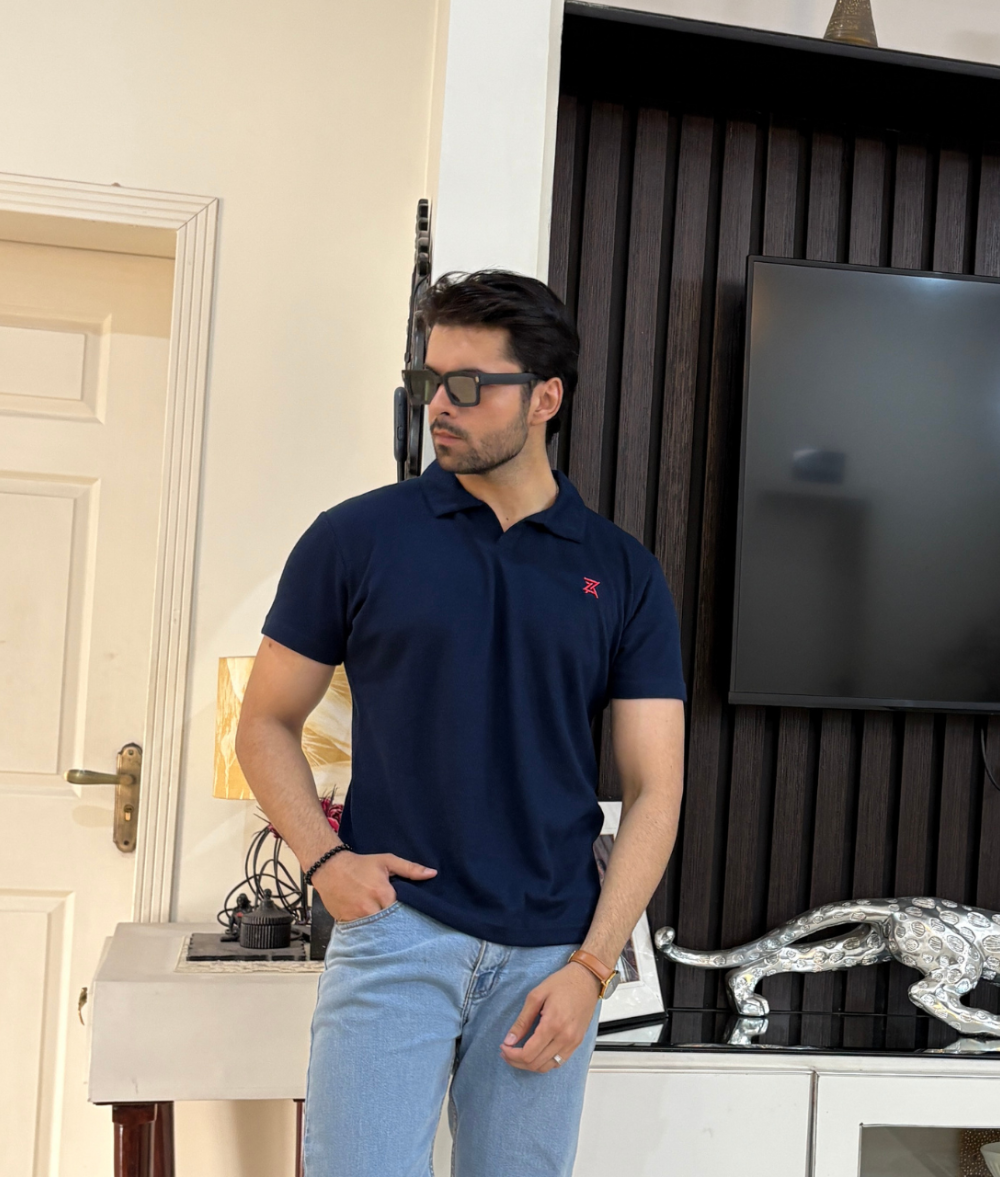 Textured knitted Polo-BLUE