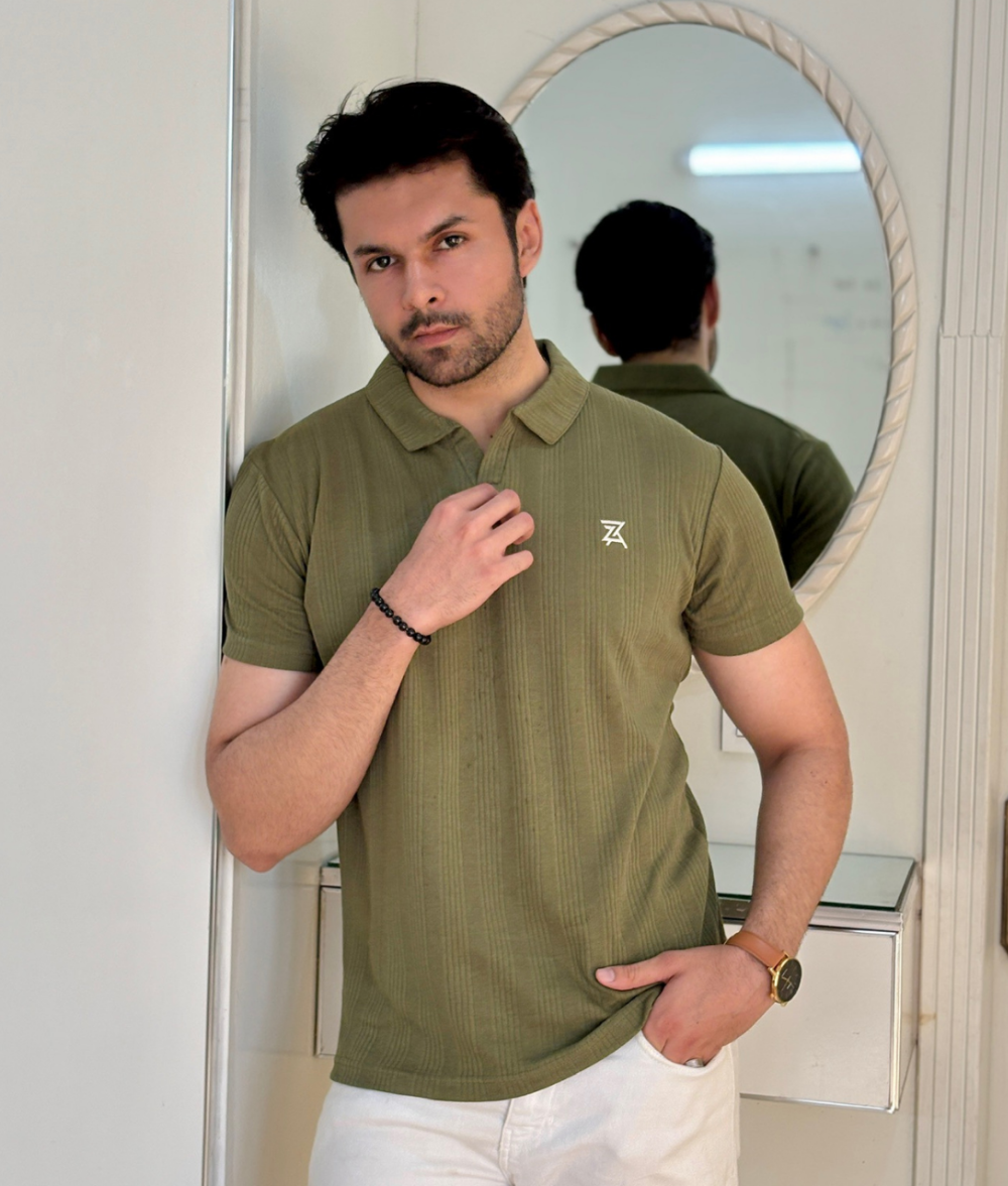 Textured knitted Polo-OLIVE GREEN